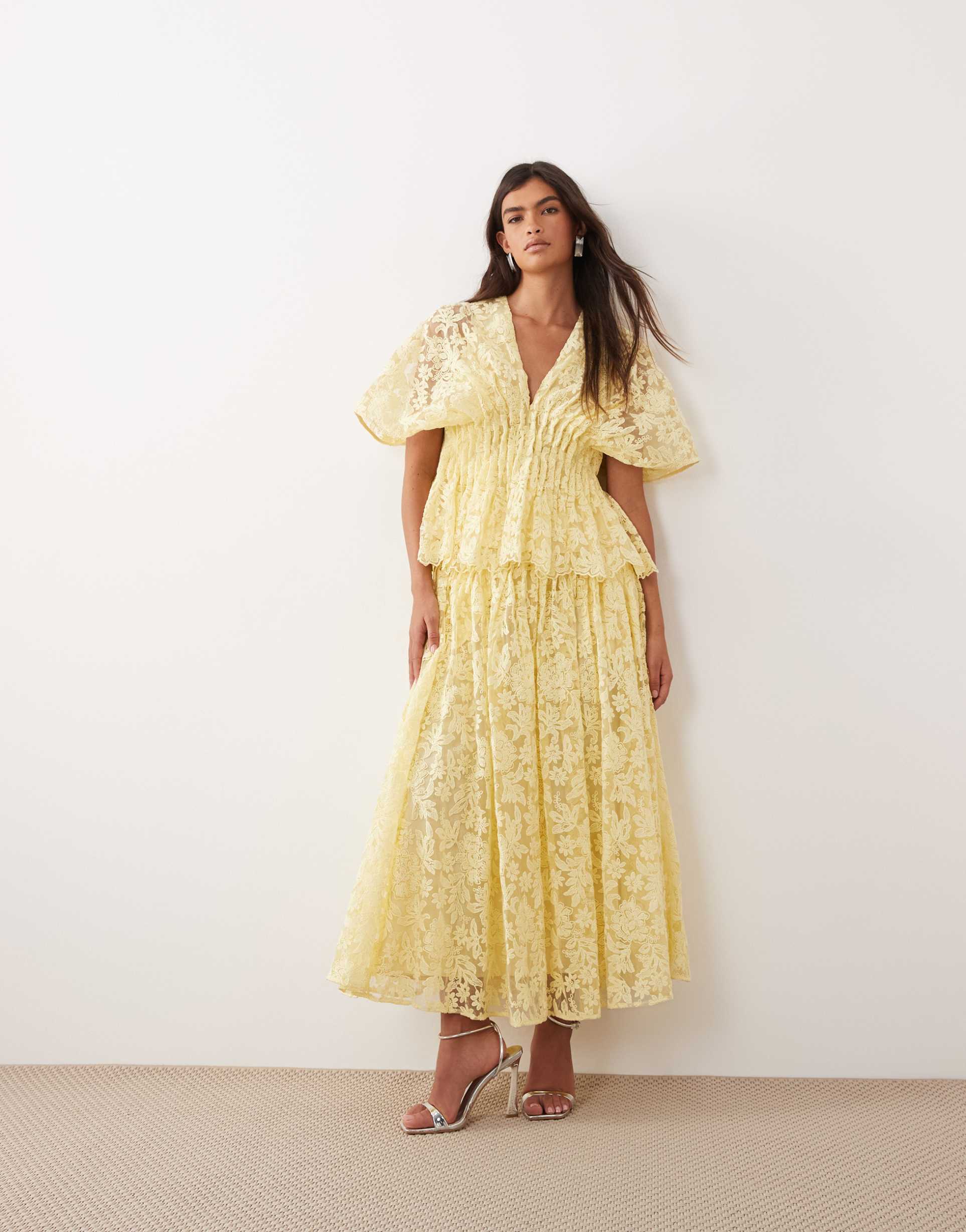 arrange pleated waist embroidered midaxi skirt in yellow - part of a set