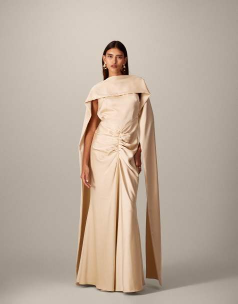 ARRANGE pleated waist high-neck back-drape satin maxi dress in champagne - view 1