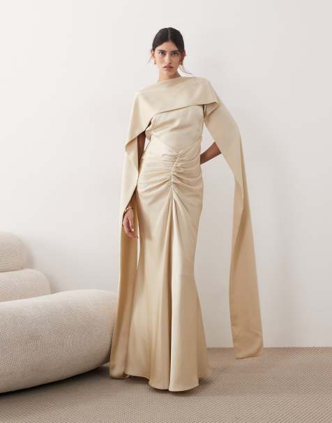 ARRANGE pleated waist high neck back drape satin maxi dress in champagne