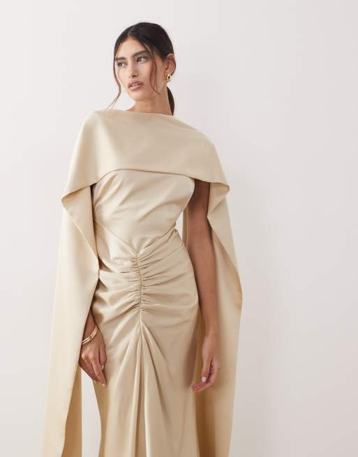 ARRANGE pleated waist high-neck back-drape satin maxi dress in champagne, 2 of 4
