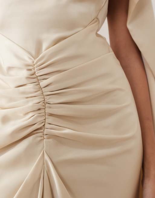 ARRANGE pleated waist high-neck back-drape satin maxi dress in champagne, 3 of 4