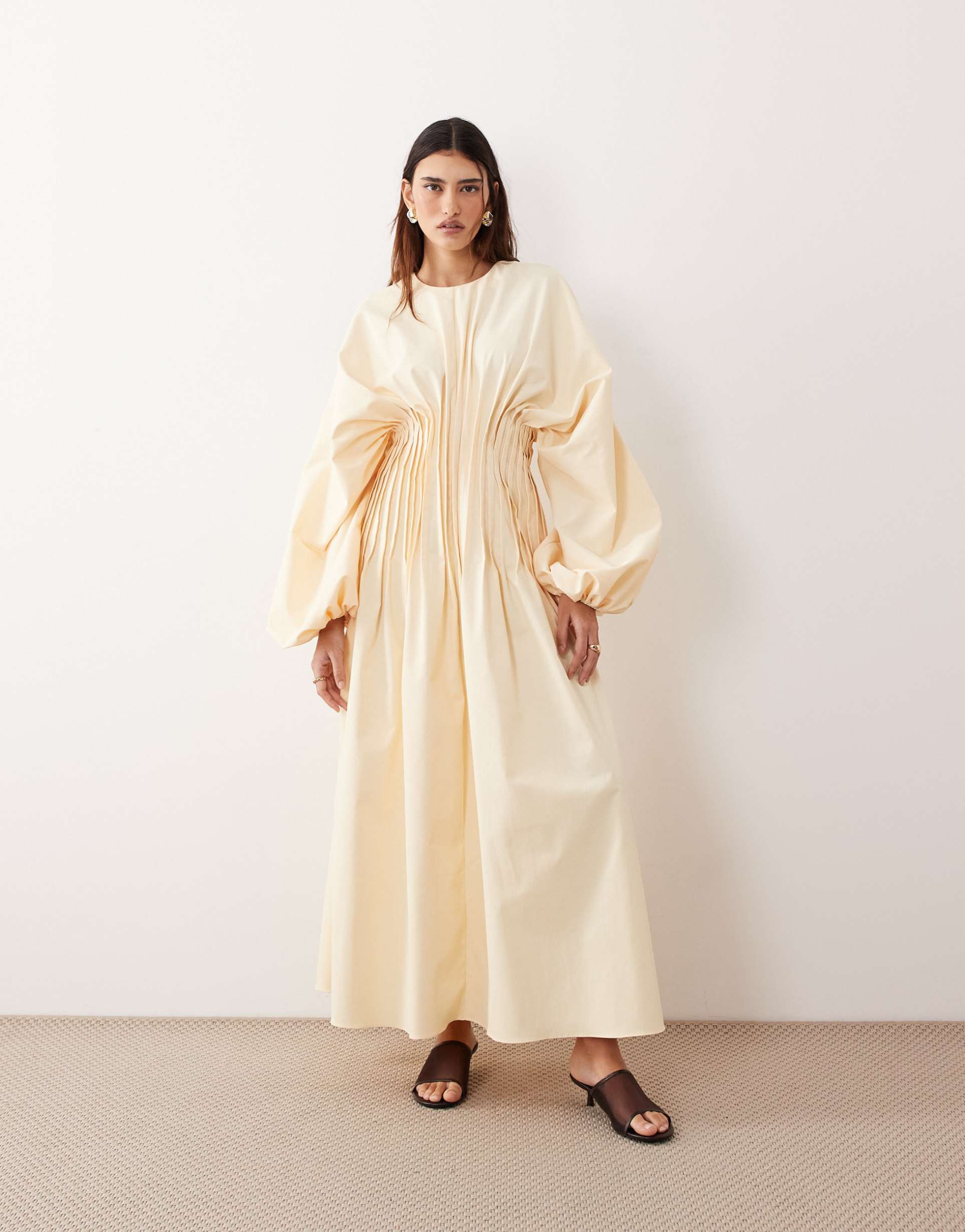arrange pleated waist long sleeve maxi dress in buttermilk