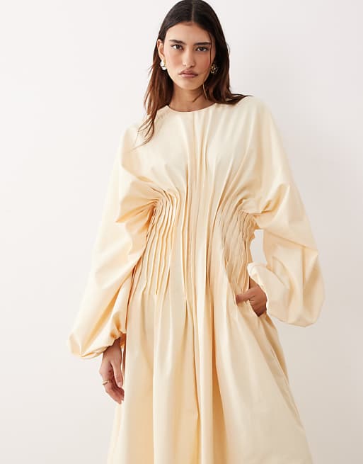 pleated maxi dress long sleeve Wholesale WAIST TIE for your store Bodice has a flattering ruched detail at the center ARRANGE - Maxi Dress -