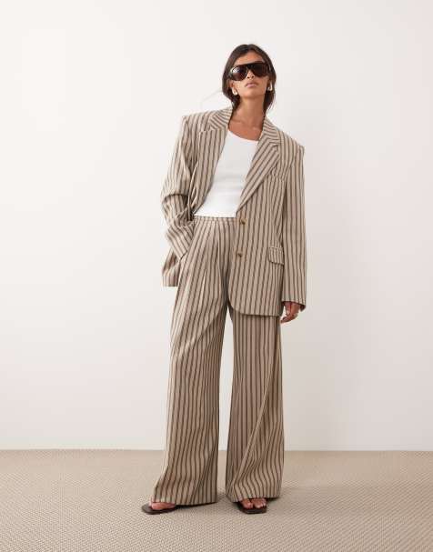 ARRANGE pleated wide leg pants in chocolate stripe (part of a set) - view 1