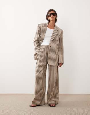 ARRANGE pleated wide leg trousers co-ord in chocolate stripe-Neutral