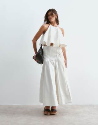 ARRANGE pleated wrap twill midi skirt co-ord in white with tobacco stitching