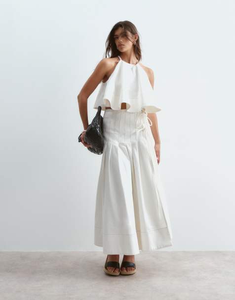 ARRANGE pleated wrap twill midi skirt in white with tobacco stitching - part of a set - view 1