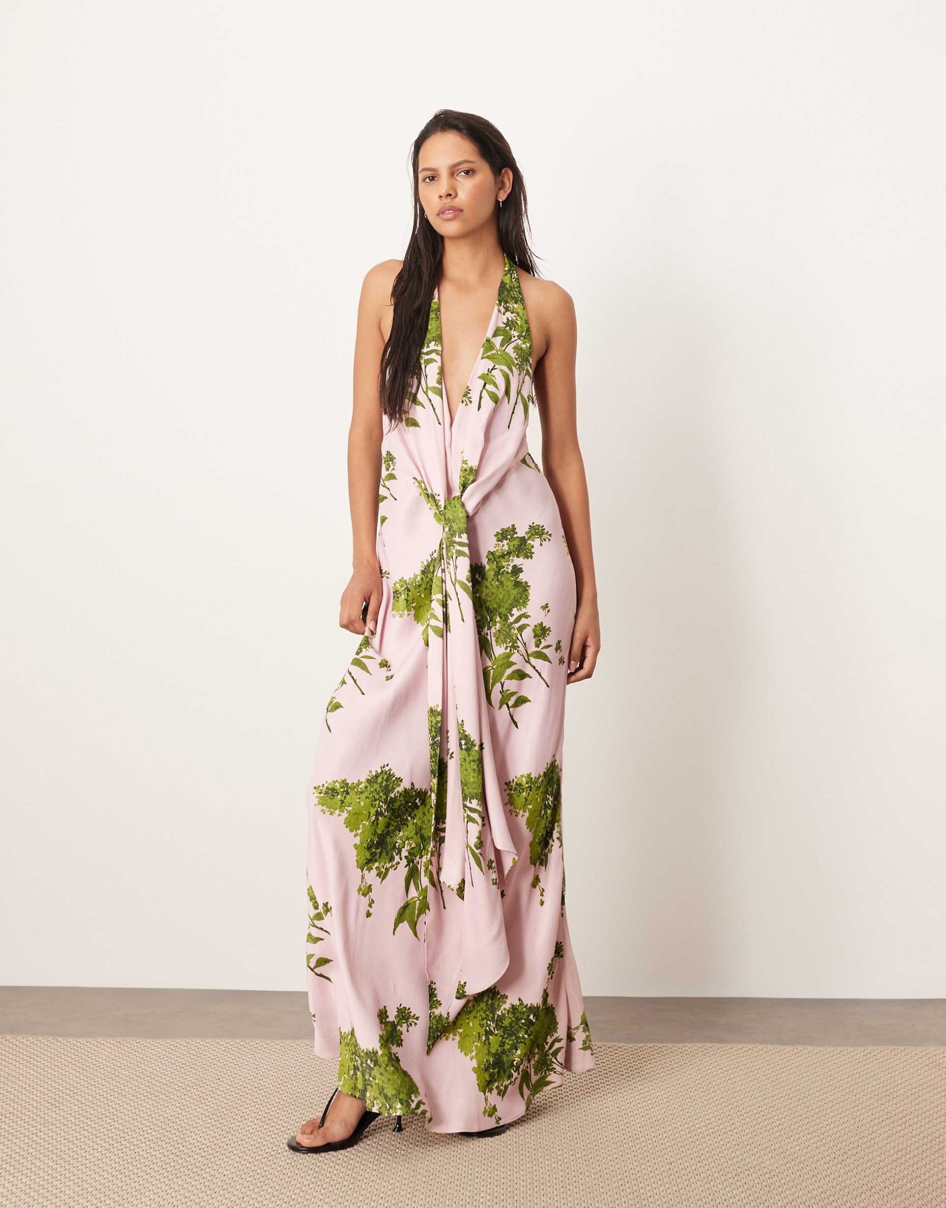 arrange plunge cowl maxi dress with tie detail in floral print