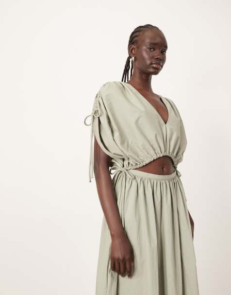 ARRANGE plunge top co-ord with ruche detail in sage