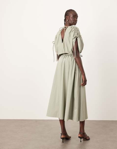 ARRANGE plunge top with ruched detail and drop waist skirt in sage - view 1