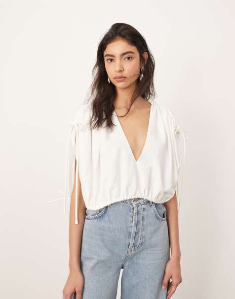 ARRANGE plunge top with ruched detail in ivory - view 1