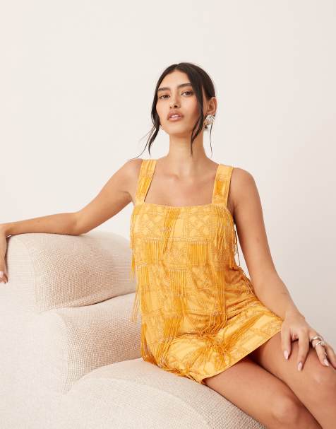 ARRANGE grid embellished square neck shift mini dress with fringe in orange