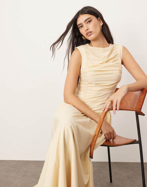 ARRANGE poplin ruched detail drop waist midi dress in buttermilk