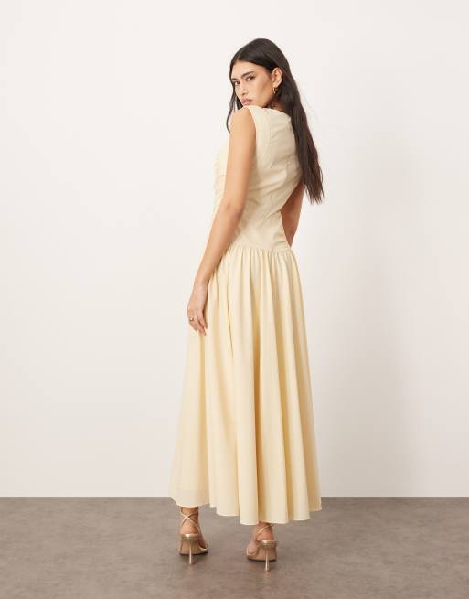 ARRANGE poplin ruched detail drop waist midi dress in buttermilk