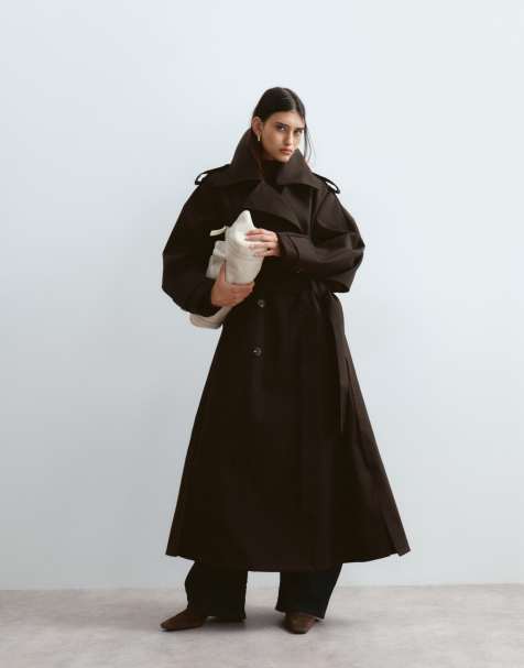ARRANGE premium belted funnel neck trench coat in chocolate - view 1