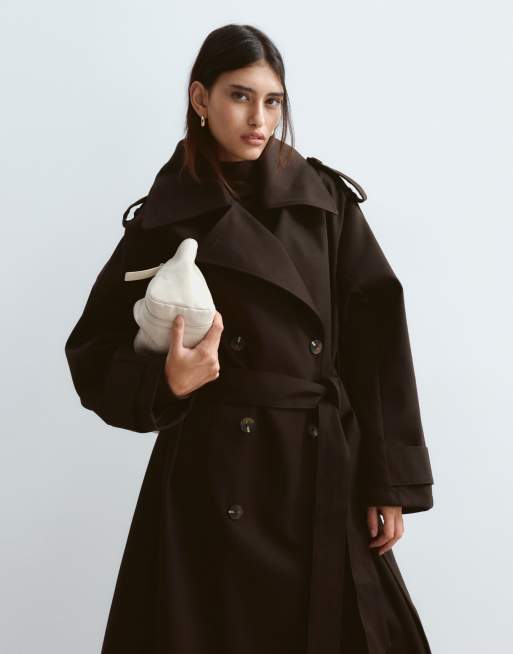 ARRANGE premium belted funnel neck trench coat in chocolate, 3 of 4