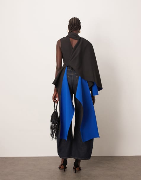 ARRANGE premium bonded crepe drape top in black contrast - view 1