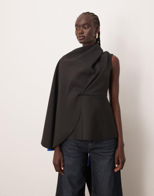ARRANGE premium bonded crepe drape top in black contrast