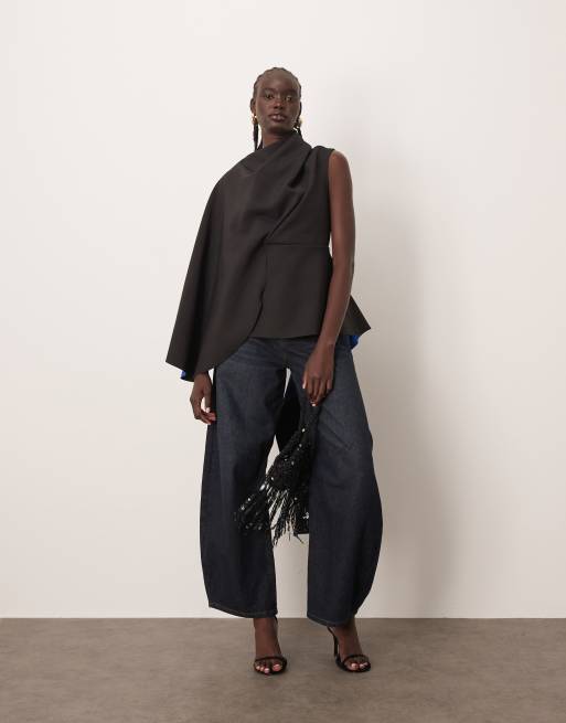 ARRANGE premium bonded crepe drape top in black contrast