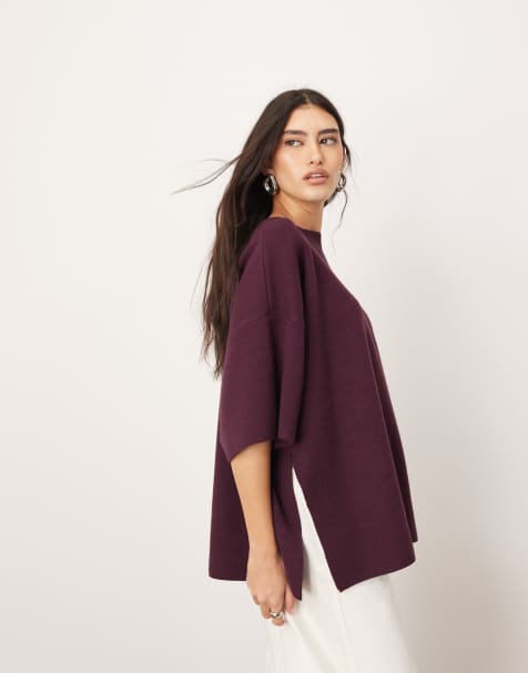 ARRANGE premium compact knitted oversized t-shirt in burgundy - view 1