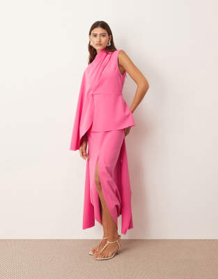 Arrange Premium Heavy Crepe Asymmetric Sleeve Drape Panel Midi Dress In Pink
