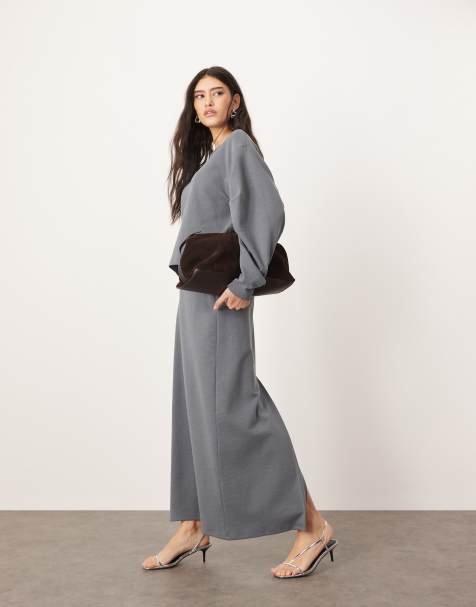 ARRANGE premium heavy weight textured jersey column maxi skirt co-ord in charcoal - view 1