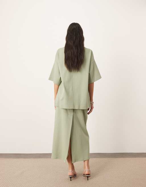 ARRANGE premium heavy weight textured jersey column maxi skirt co-ord in pistachio, 2 of 5
