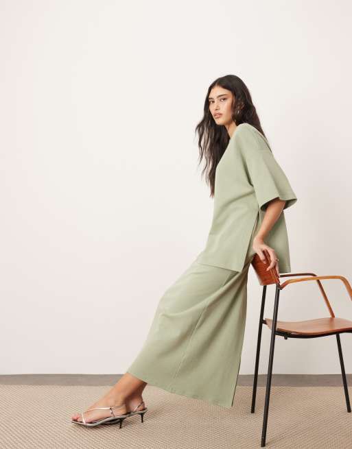 ARRANGE premium heavy weight textured jersey column maxi skirt co-ord in pistachio, 3 of 5
