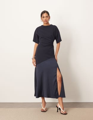 ARRANGE premium jersey and satin hybrid maxi dress in navy - view 1