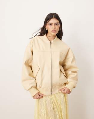 premium leather oversized bomber jacket in buttermilk - part of a set-Yellow