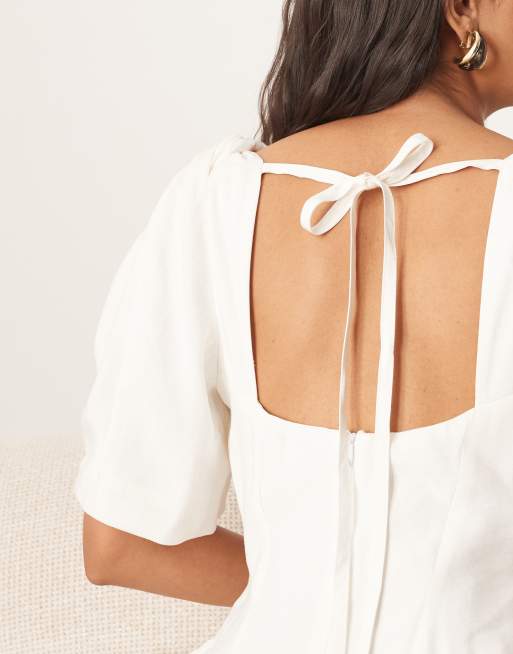 ARRANGE premium linen-look twist shoulder midi dress in white, 3 of 4