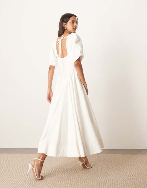 ARRANGE premium linen-look twist shoulder midi dress in white, 4 of 4