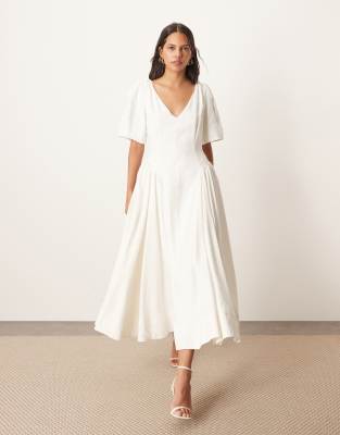 Arrange Premium Linen Look Twisted Shoulders Midi Dress