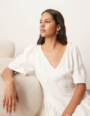 Arrange Premium Linen Look Twisted Shoulders Midi Dress