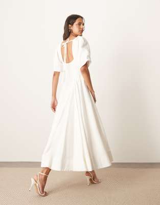 ARRANGE premium linen look twisted shoulders midi dress in white