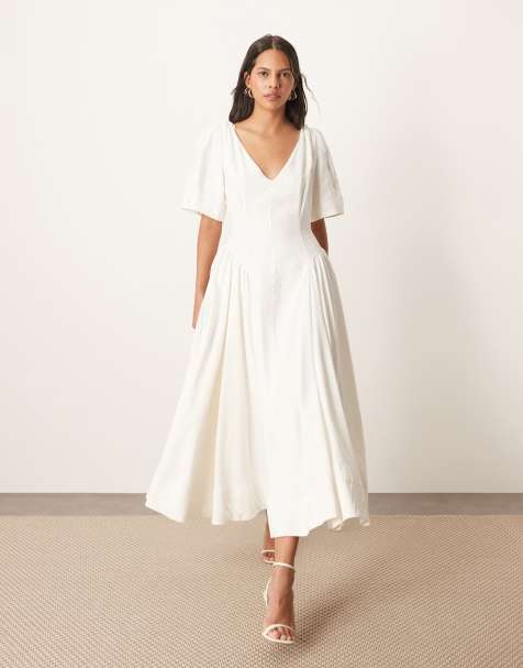 ARRANGE premium linen twist shoulder midi dress in white - view 1