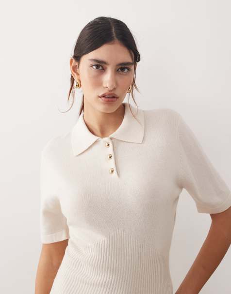 ARRANGE premium merino wool short sleeve knitted top in ecru - view 1