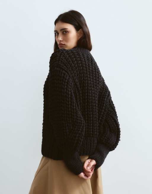ARRANGE premium oversized hand knit long sleeve cardigan in black, 4 of 4