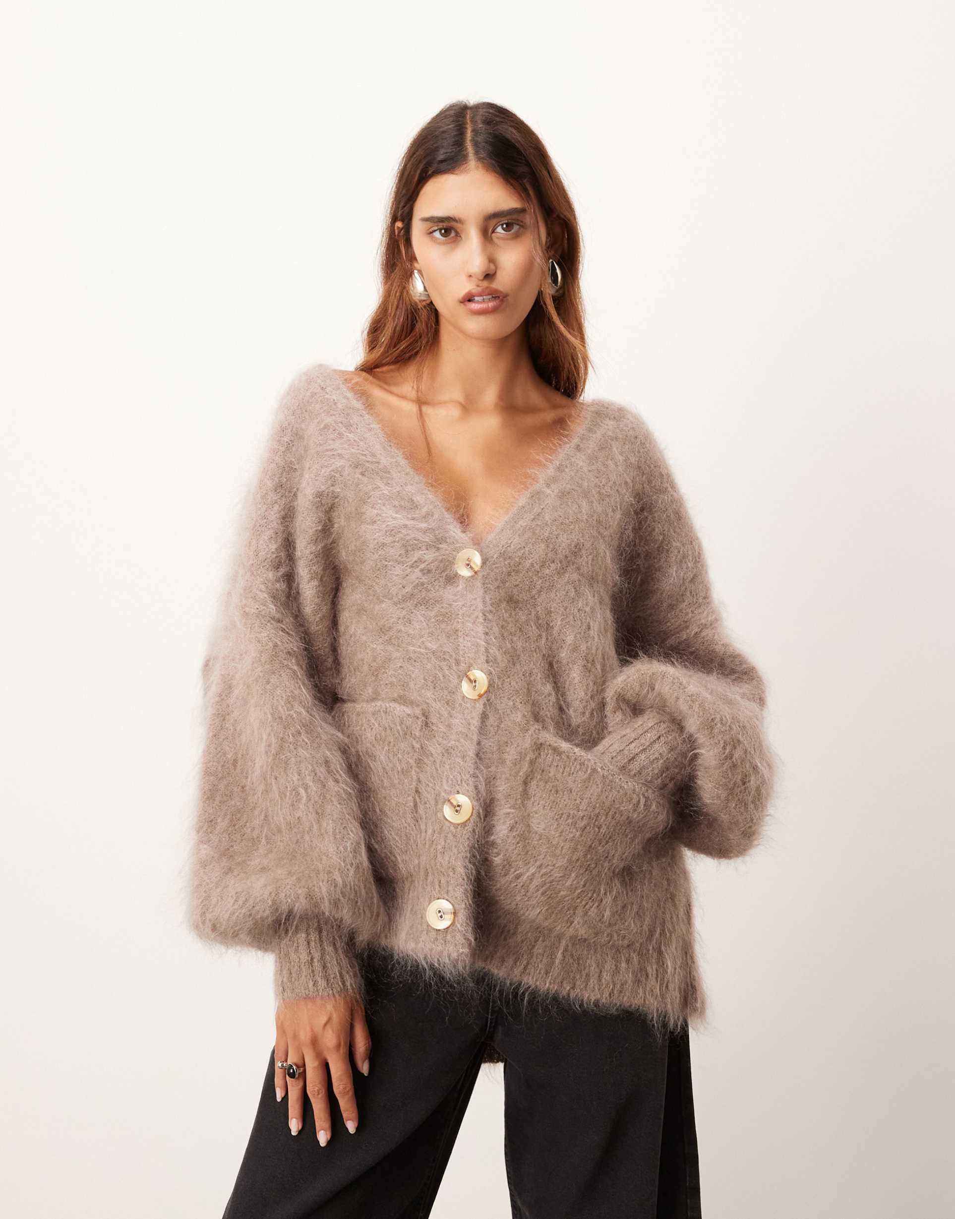 arrange premium oversized mohair rich cardigan in taupe