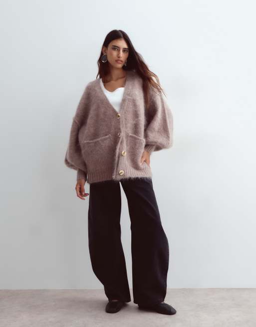 ARRANGE premium oversized mohair rich cardigan in taupe, 2 of 4