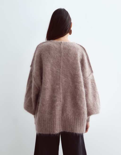 ARRANGE premium oversized mohair rich cardigan in taupe, 3 of 4