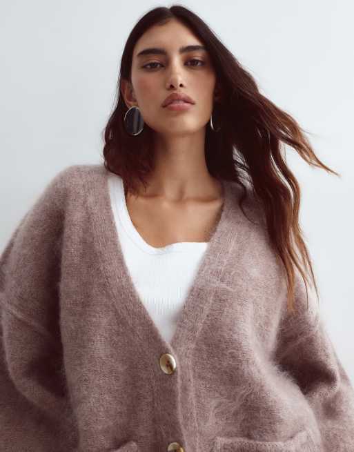 ARRANGE premium oversized mohair rich cardigan in taupe, 4 of 4