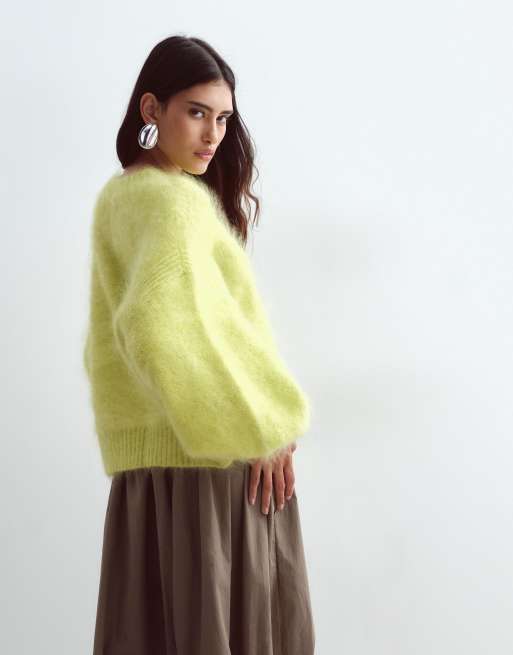 ARRANGE premium oversized round neck mohair-blend jumper in lime, 4 of 5