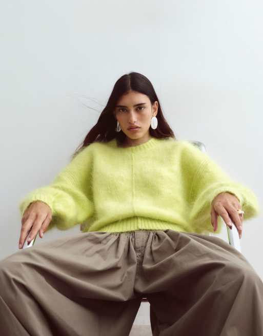 ARRANGE premium oversized round neck mohair blend sweater in lime, 2 of 5