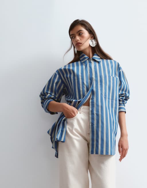 ARRANGE premium oversized shirt in blue stripe, 3 of 4
