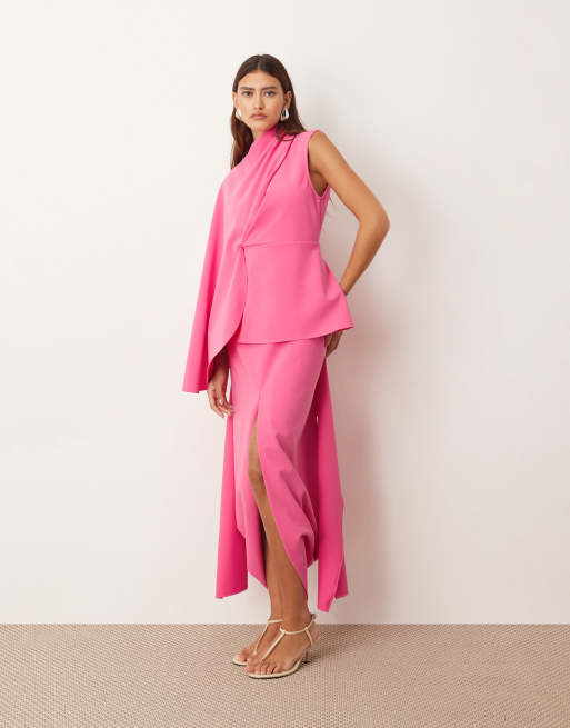 ARRANGE - Premium - Pink asymmetrisk midikjole med asymmetrisk ærme og draperet panel i kraftig crepe, 2 af 4