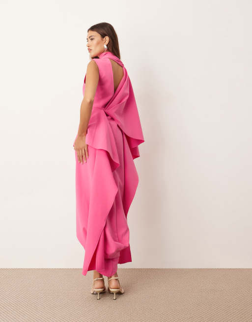ARRANGE - Premium - Pink asymmetrisk midikjole med asymmetrisk ærme og draperet panel i kraftig crepe, 3 af 4