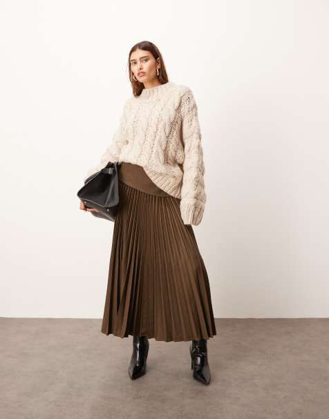 ARRANGE premium pleated tailored wool look maxi skirt in chocolate - view 1