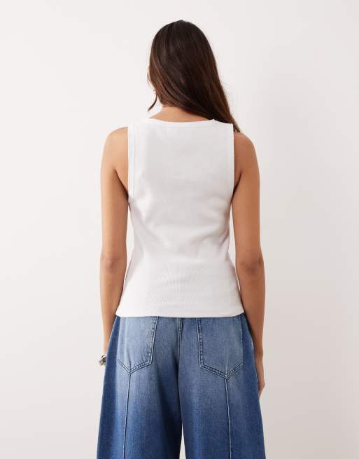  ARRANGE premium ribbed singlet with raw cotton trim in white, 4 of 4