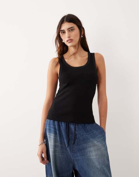 ARRANGE premium ribbed tank top with raw cotton trim in black - view 1